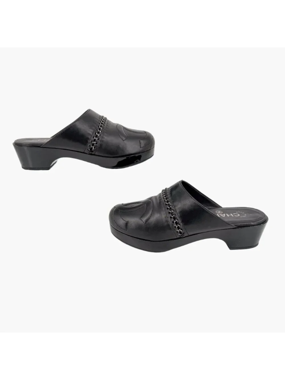 Chanel Black Leather CC Chain Mule Slip On Clogs Flats Size 36 US 5–5.5 Women's